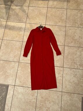 Calvin Klein Red Long Sleeve Button-Front Shirt Dress